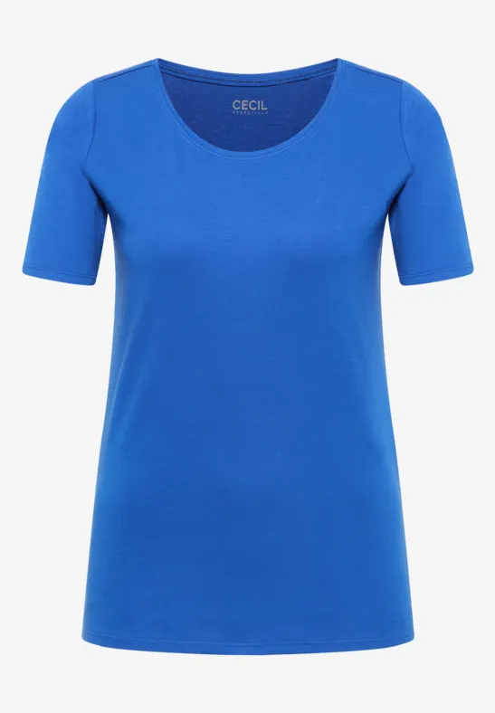 Eenvoudig blauw dames-T-shirt met korte mouwen en ronde hals.