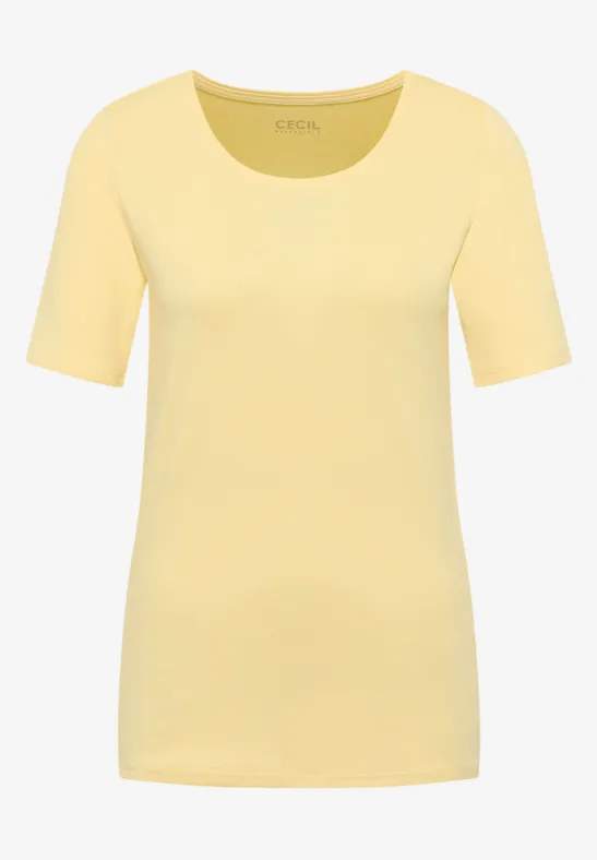 Gelbes Damen-Shirt mit kurzen Ärmeln und Rundhalsausschnitt.
