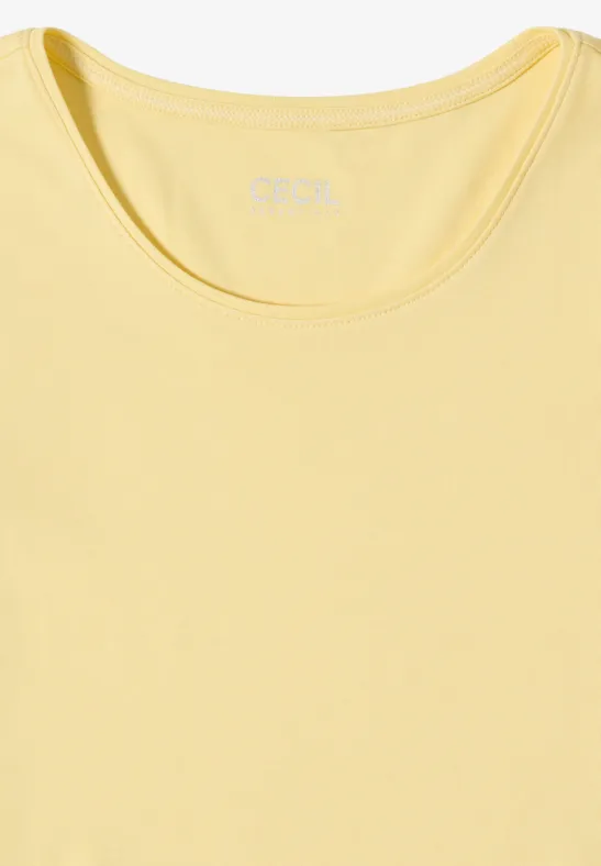 Ein schlichtes, gelbes, ärmelloses Top mit Rundhalsausschnitt.