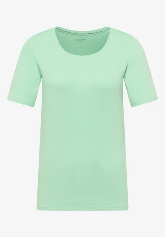 Mintgrünes T-Shirt mit kurzen Ärmeln und rundem Ausschnitt.