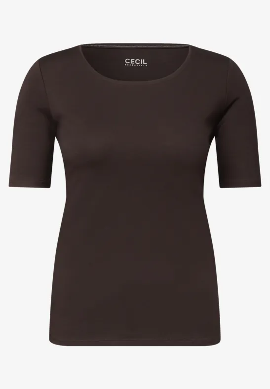 Kurzärmeliges, schlichtes, braunes Damen-Shirt mit Rundhalsausschnitt.