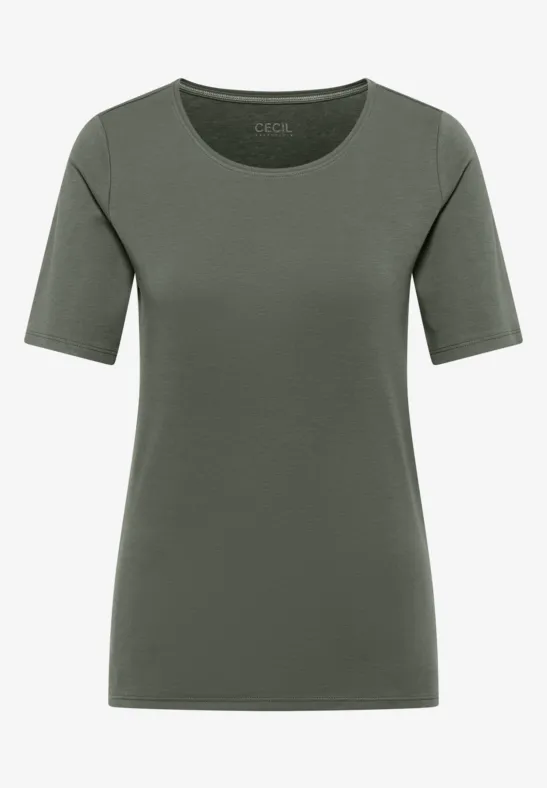 Schlichtes, olivgrünes Damen-T-Shirt mit halblangen Ärmeln und Rundhalsausschnitt.