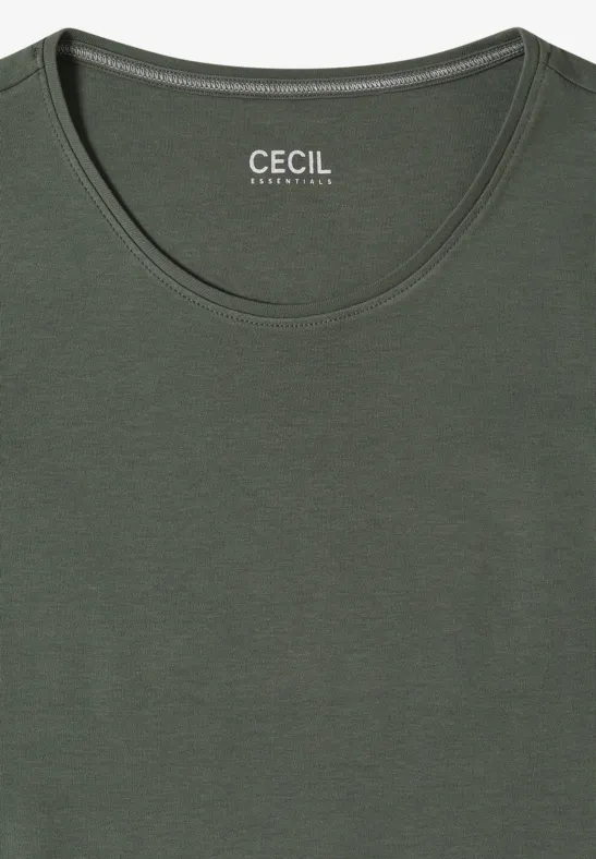 Schlichtes olivgrünes T-Shirt mit Rundhals und dezentem CECIL-Logo im Nacken.
