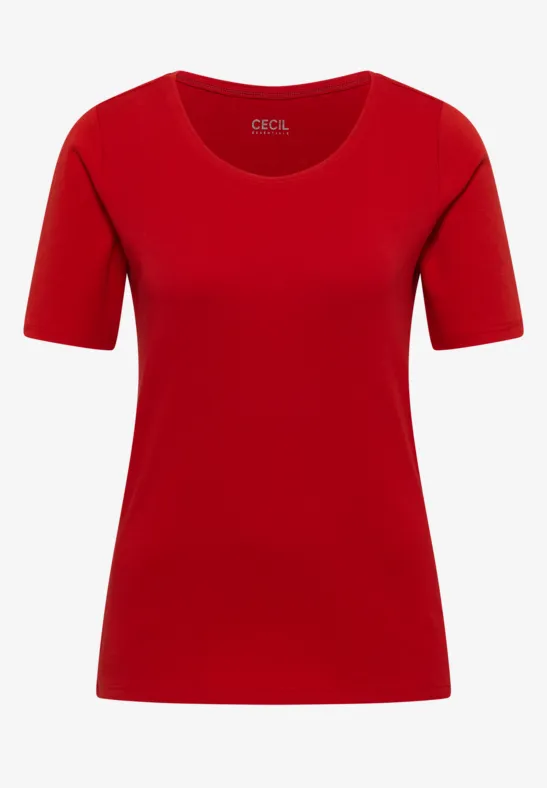 Ein schlichtes rotes T-Shirt mit kurzen Ärmeln und Rundhalsausschnitt.