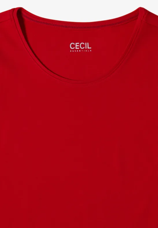 Rotes ärmelloses Shirt mit rundem Ausschnitt und CECIL-Label am Nacken.