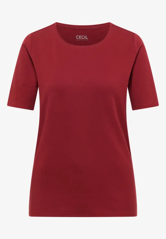 Ein schlichtes, weinrotes T-Shirt mit kurzen Ärmeln und Rundhalsausschnitt.