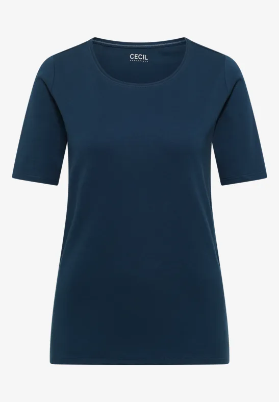 Damen-T-Shirt in Marineblau mit Rundhalsausschnitt und halblangen Ärmeln.