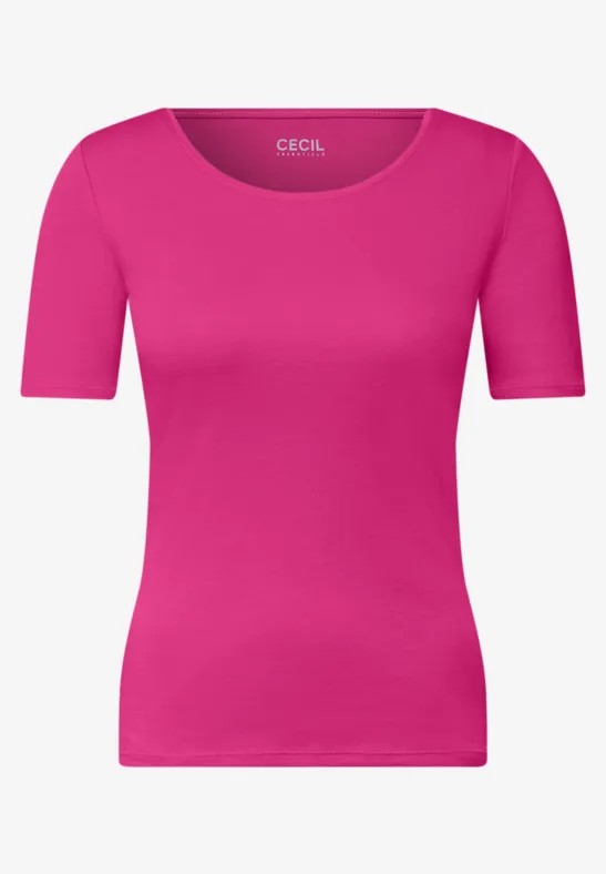 Różowy t-shirt z krótkim rękawem i okrągłym dekoltem.