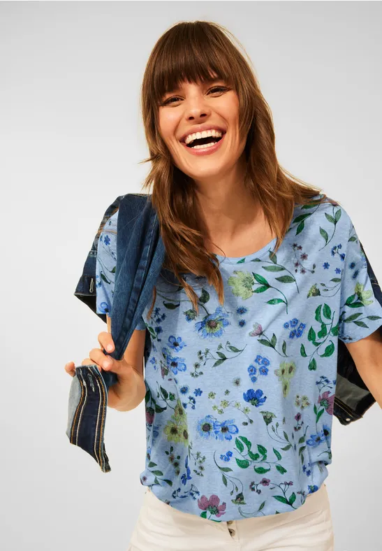 Shirt met bloemenprint light blue melange