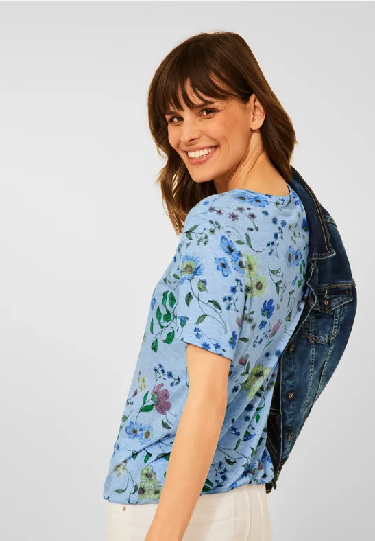 Shirt met bloemenprint light blue melange