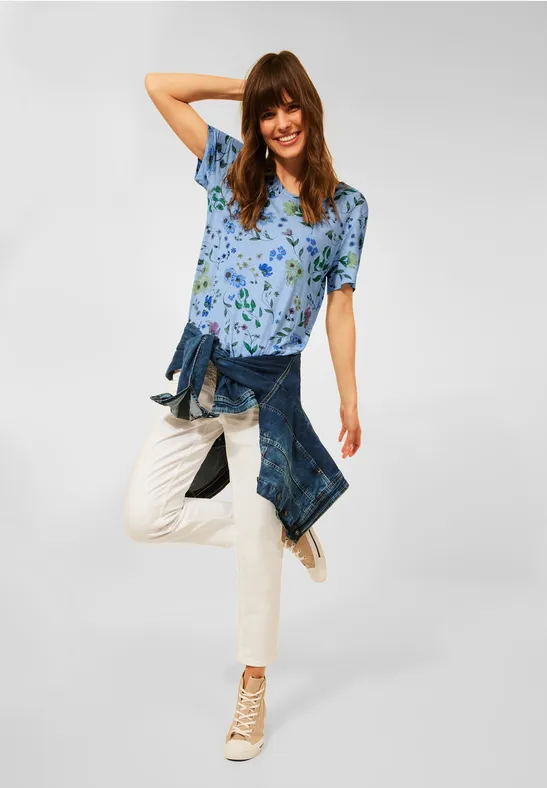 Shirt met bloemenprint light blue melange