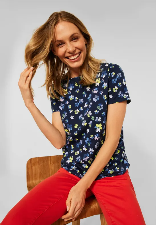 T-shirt met bloemenprint river blue