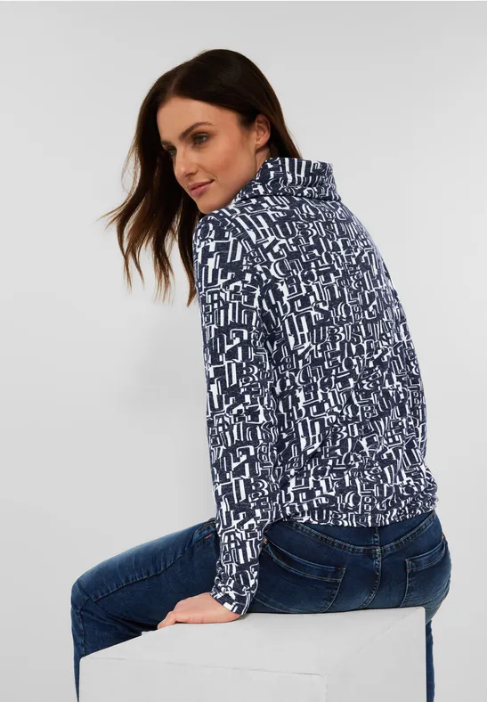 Shirt met zeer grote kraag deep blue melange