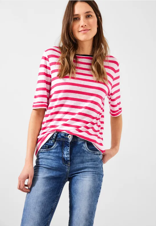 Leinenmix Streifenshirt strawberry red