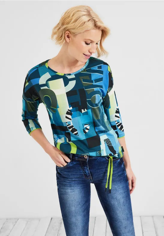 Shirt met wording-print teal blue