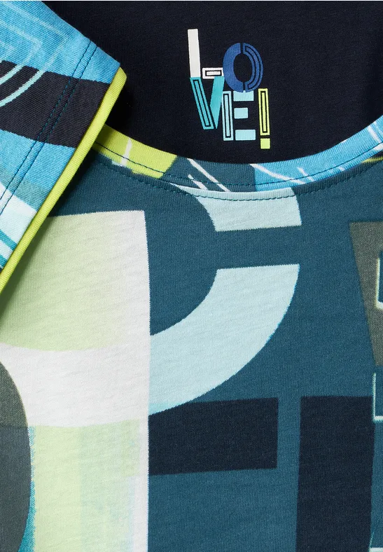 Shirt met wording-print teal blue