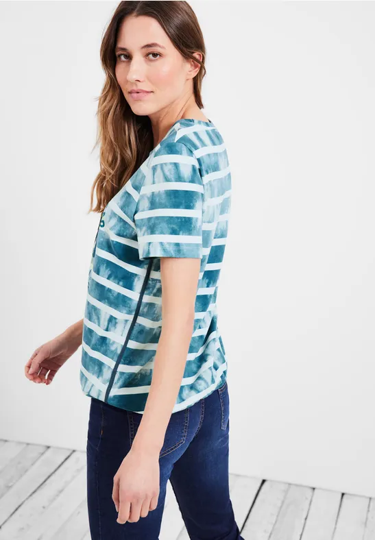 Streifenshirt mit Frontprint teal blue