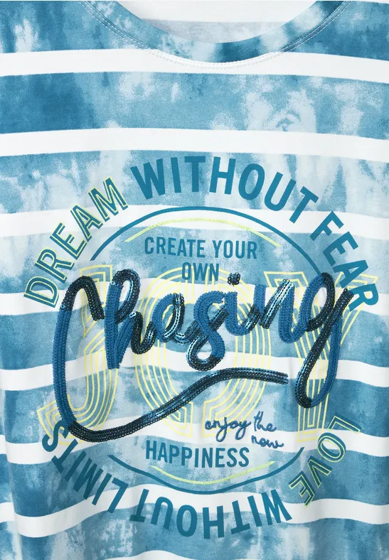 Streifenshirt mit Frontprint teal blue