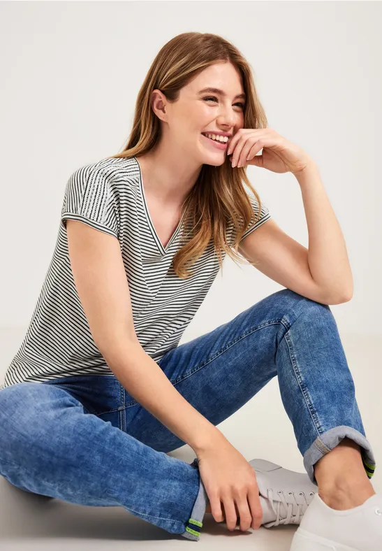 Streifenshirt mit V-Neck easy khaki