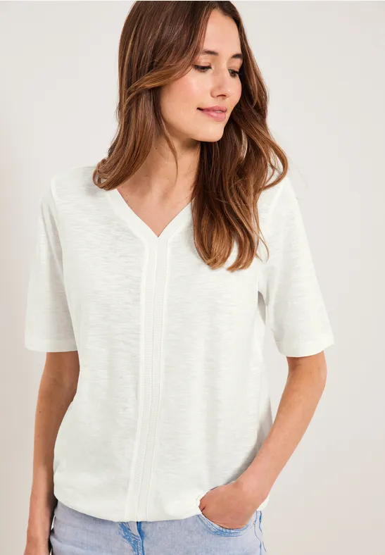 T-shirt met geribbelde details vanilla white