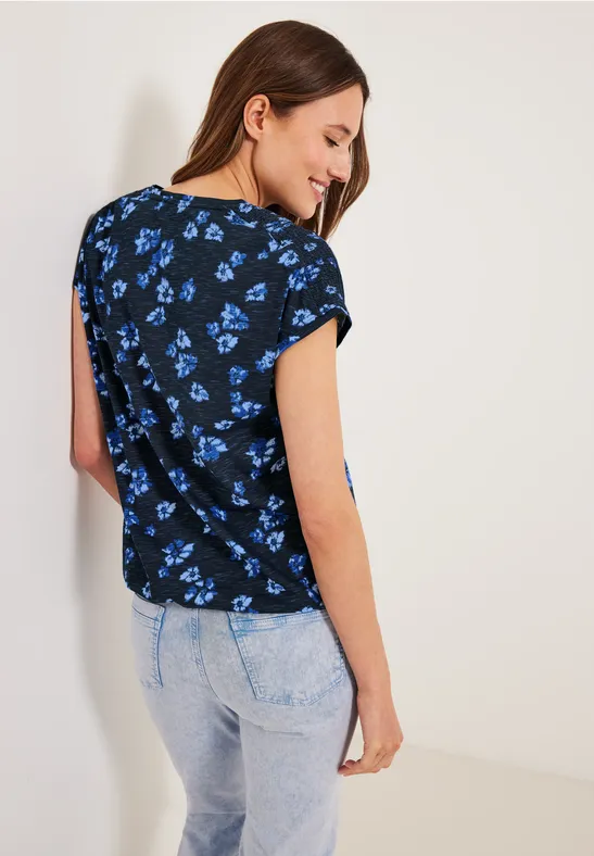 Shirt met print en gesmokt detail deep blue