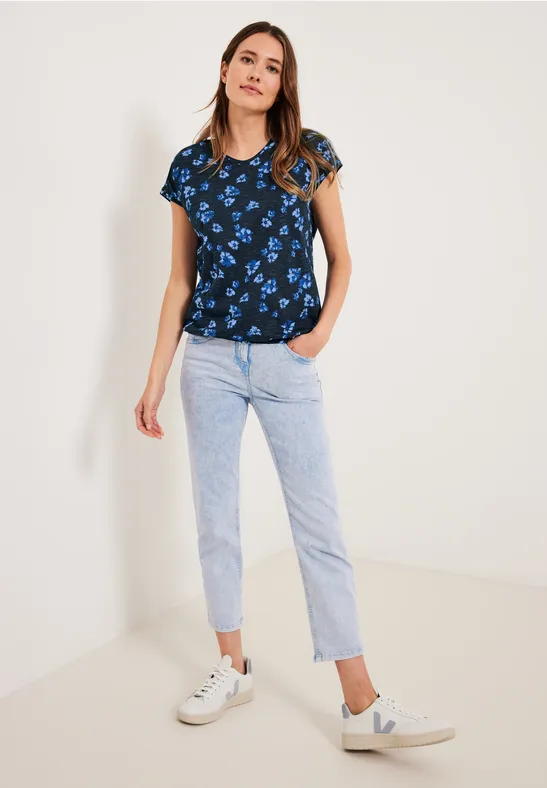 Shirt met print en gesmokt detail deep blue