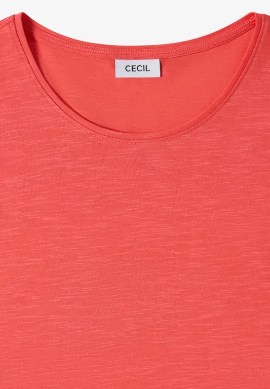 Rotes, schlichtes Damen-Shirt mit Rundhalsausschnitt und feiner Melierung.
