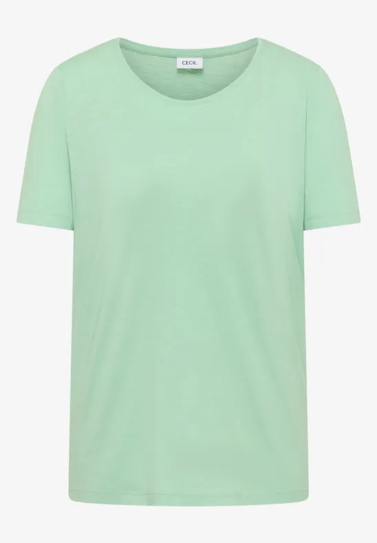 Ein schlichtes T-Shirt in Mintgrün mit rundem Ausschnitt und kurzen Ärmeln.