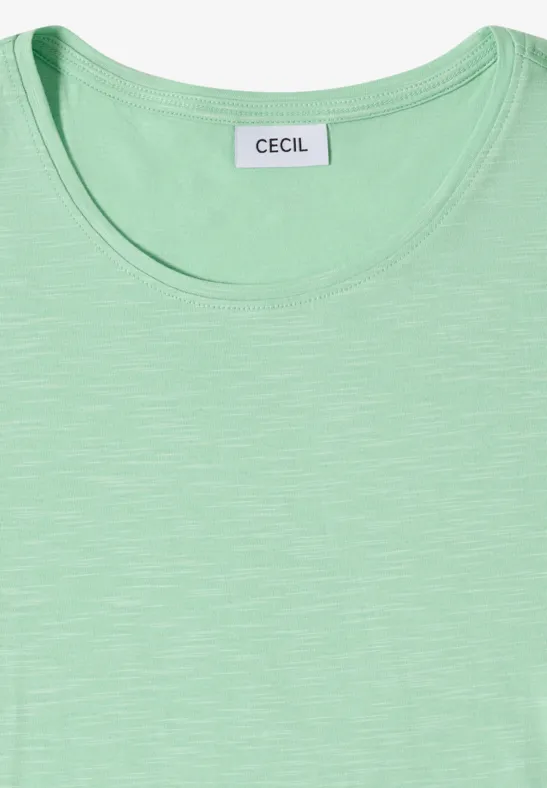 Ein schlichtes, mintgrünes T-Shirt mit Rundhalsausschnitt und feinem Jersey-Stoff, Marke Cecil.