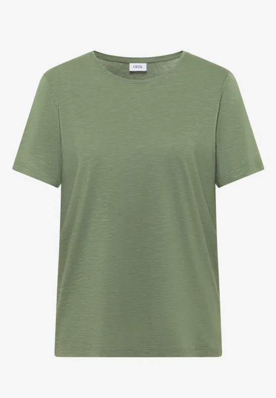 Olivgrünes, schlichtes T-Shirt mit Rundhalsausschnitt vor weißem Hintergrund.