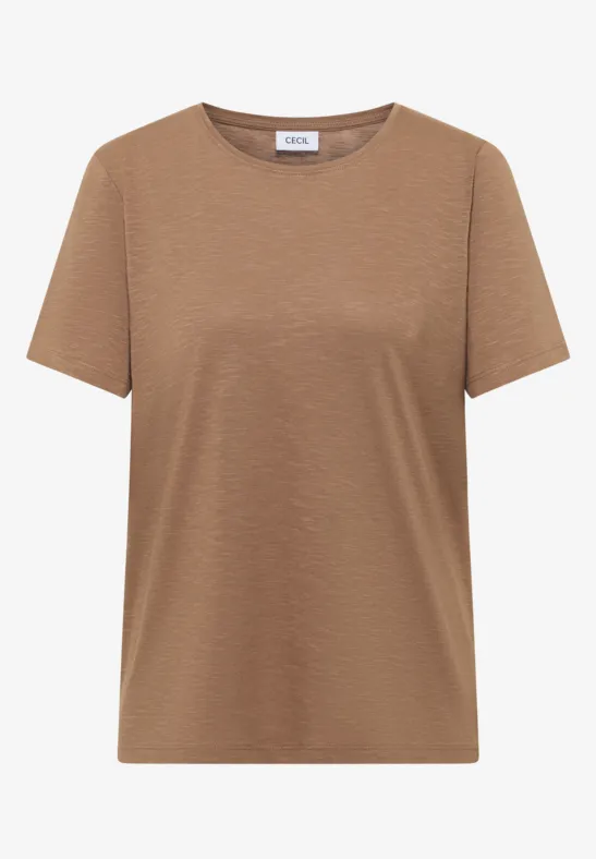 Bruin T-shirt met ronde hals en korte mouwen.