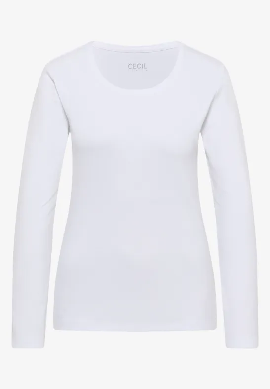 Schlichtes langärmliges weißes Damen-Shirt mit Rundhalsausschnitt.