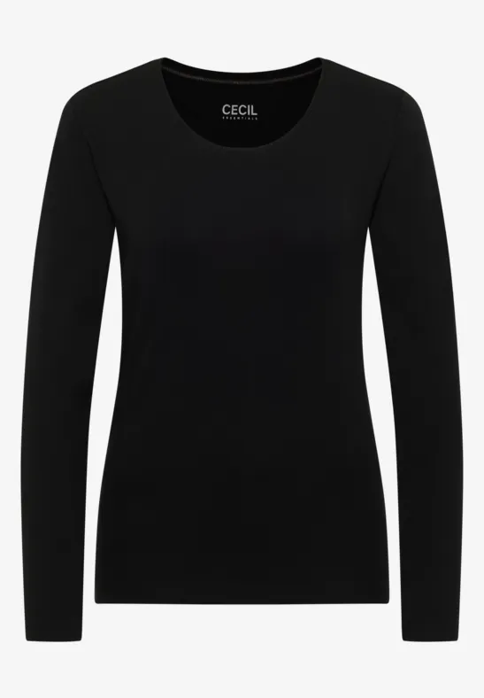 Schwarzes, eng anliegendes Damen-Shirt mit langen Ärmeln und Rundhalsausschnitt.