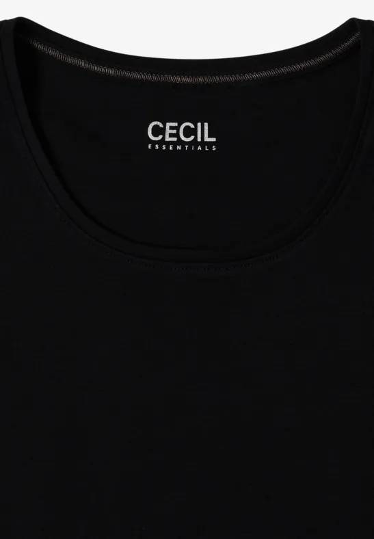 Schwarzes Kurzarm-T-Shirt mit Rundhalsausschnitt und ‚CECIL‘-Logo im Nacken.