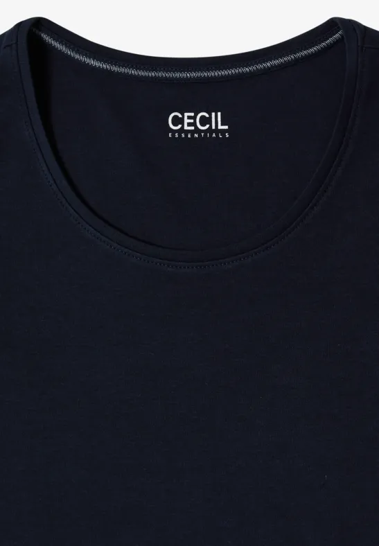 Dunkelblaues ärmelloses Top mit Rundhalsausschnitt und Logo-Aufdruck "CECIL Originals" im Nacken.