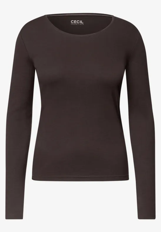Bruin damesshirt met lange mouwen en ronde hals, aansluitende pasvorm, eenvoudig en elegant.