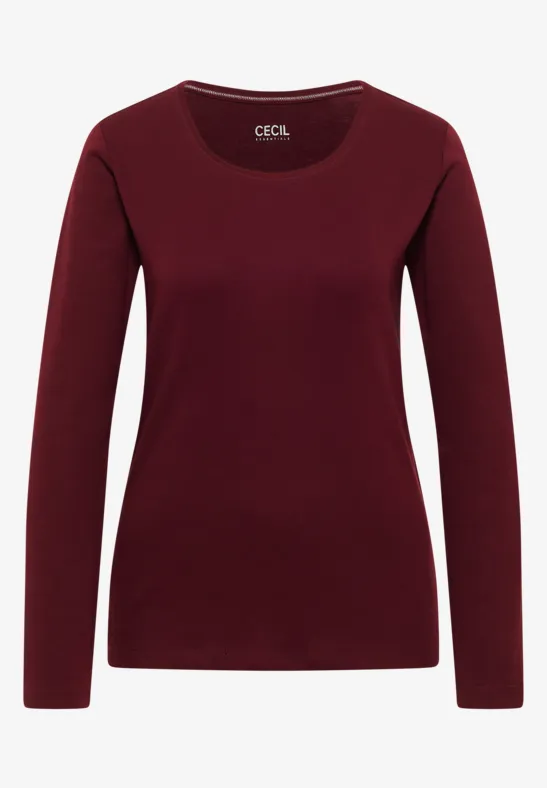 Bordeauxrotes Langarmshirt mit rundem Ausschnitt für Damen