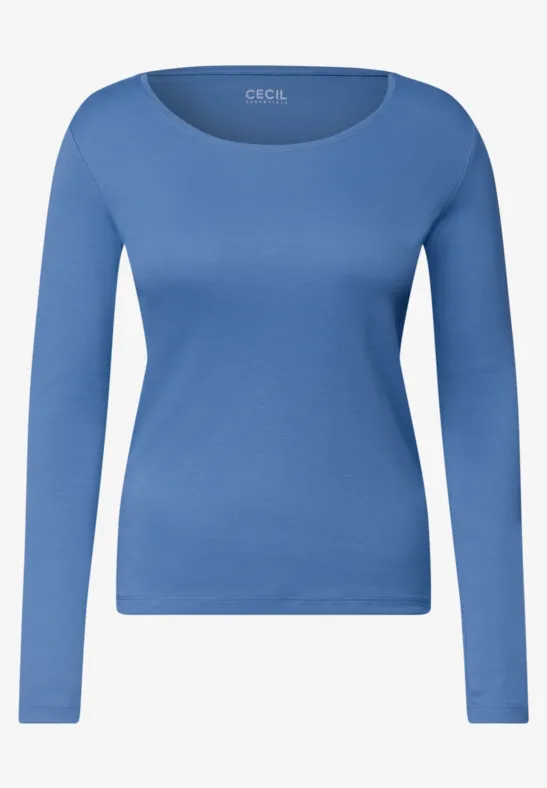 Schlichtes, langärmeliges, blaues Damen-Shirt mit Rundhalsausschnitt.