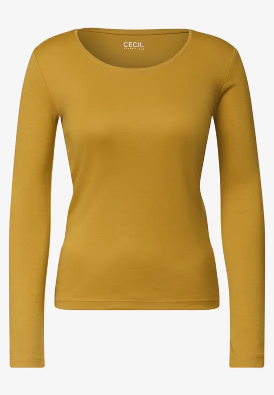 Senfgelbes, langärmeliges Damen-Shirt mit rundem Ausschnitt