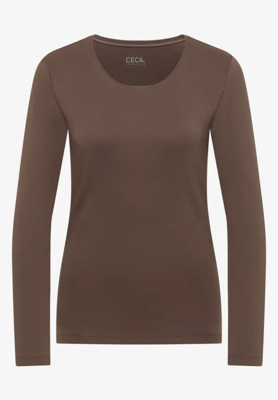 Ein schlichtes, braunes Langarmshirt mit Rundhalsausschnitt.