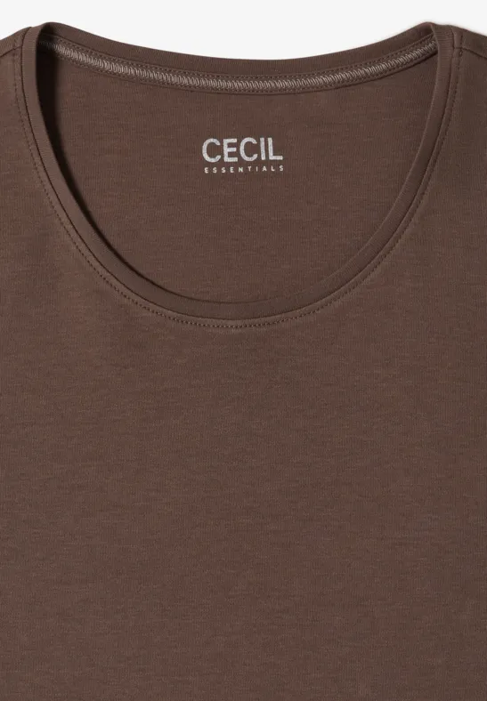 Braunes ärmelloses Damen-Top mit U-Ausschnitt und markantem ‚CECIL‘-Logo im Nackenbereich.