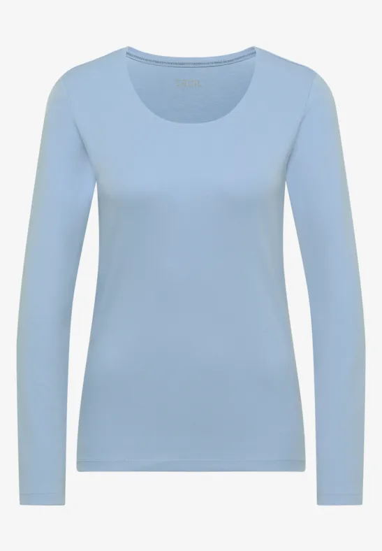 Hellblaues, langärmeliges Damen-Shirt mit Rundhalsausschnitt.