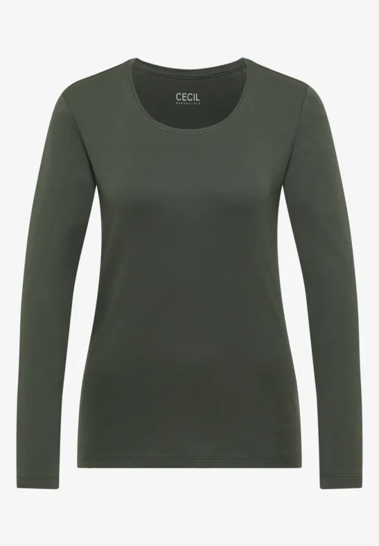 Dunkelgrünes, schlichtes Langarmshirt mit rundem Ausschnitt von CECIL.