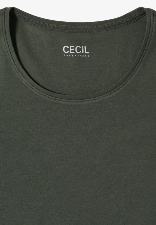 Dunkelgrünes ärmelloses T-Shirt mit Rundhals und weißem „CECIL“-Logo im Nackenbereich.