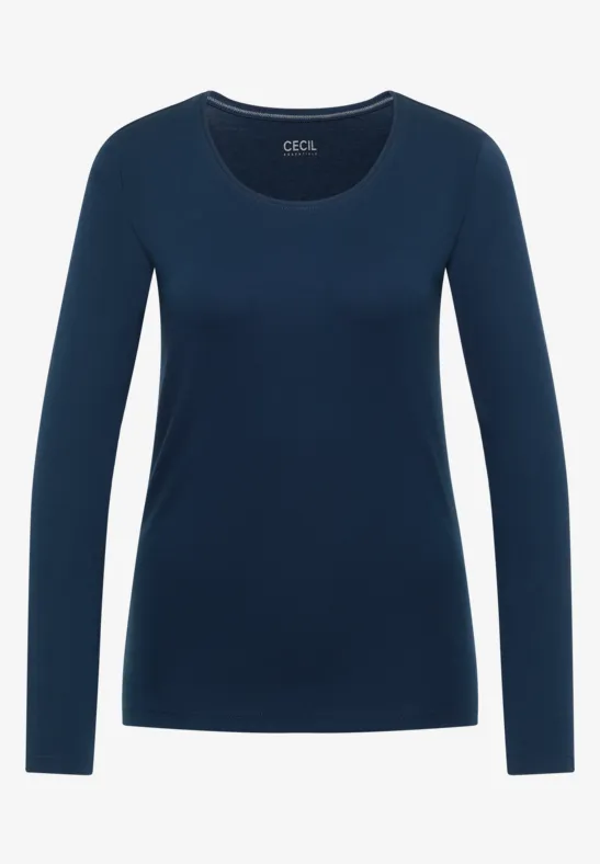 Klassisches dunkelblaues Langarmshirt mit rundem Ausschnitt.