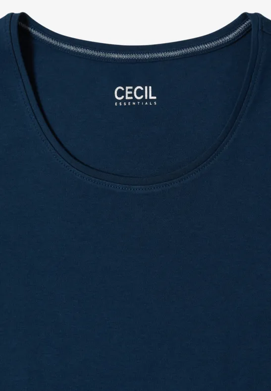 Dunkelblaues Basic-Shirt mit Rundhals und ärmellosem Schnitt, Markenlogo CECIL im Nackeninneren.