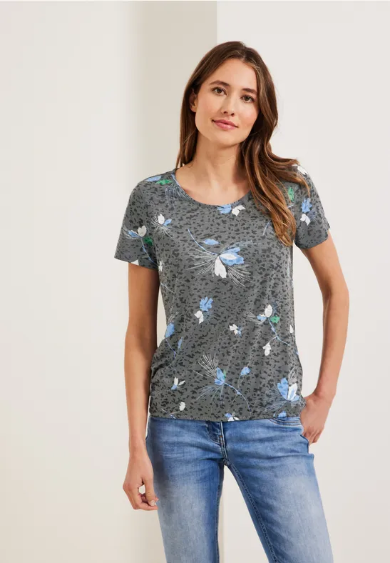 T-shirt met burnout-print easy khaki