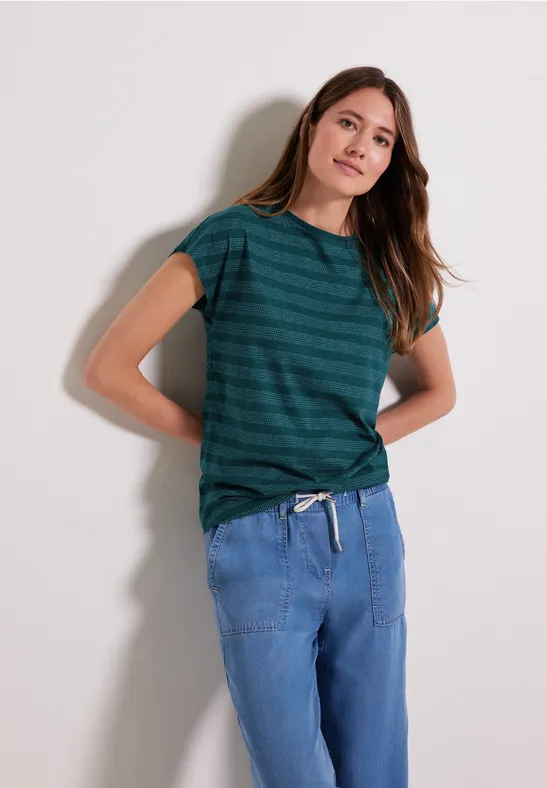 Gestreept shirt met U-boothals deep lake green