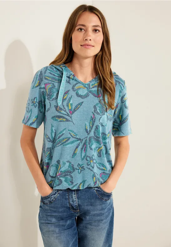 Shirt met capuchon en print deep lake green melange