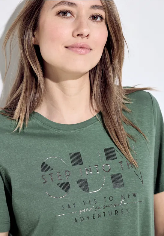 T-shirt met wording-print raw salvia green